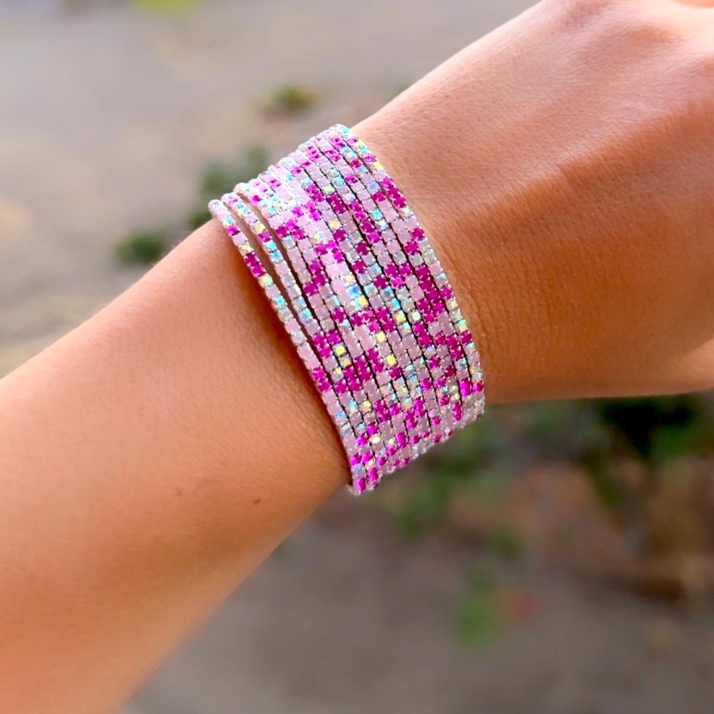 Rhinestone Crystal Layered Stretch Bracelets | 12 PCS (Pink) - Picture 3 of 7